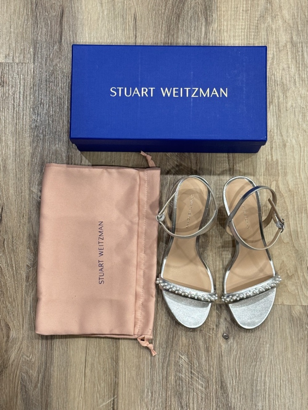 Stuart Weitzman Silver Pearl-Adorned Ankle-Strap 75 Sandals - Picture 4 of 7